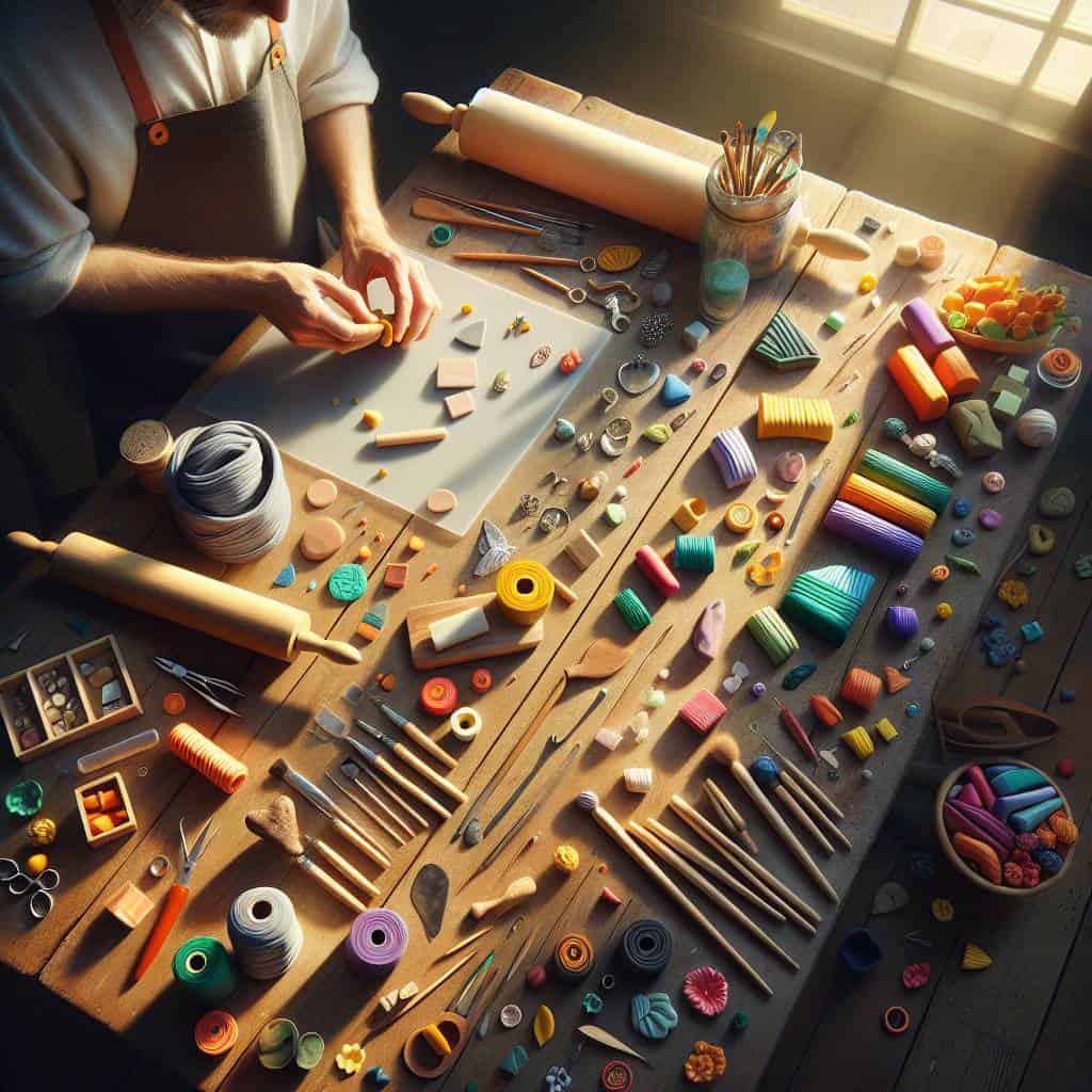 Beginner workspace for polymer clay jewelry.